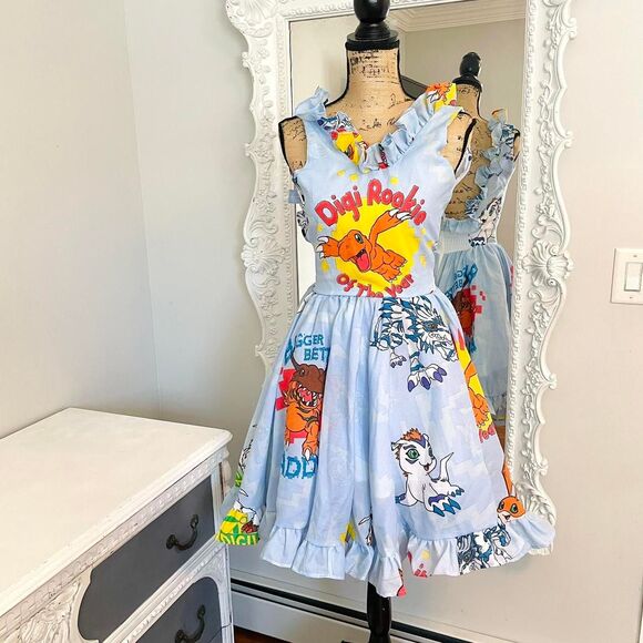 New York Couture *One of a Kind* VINTAGE Digimon Print Ruffle Dress - Picture 1 of 7